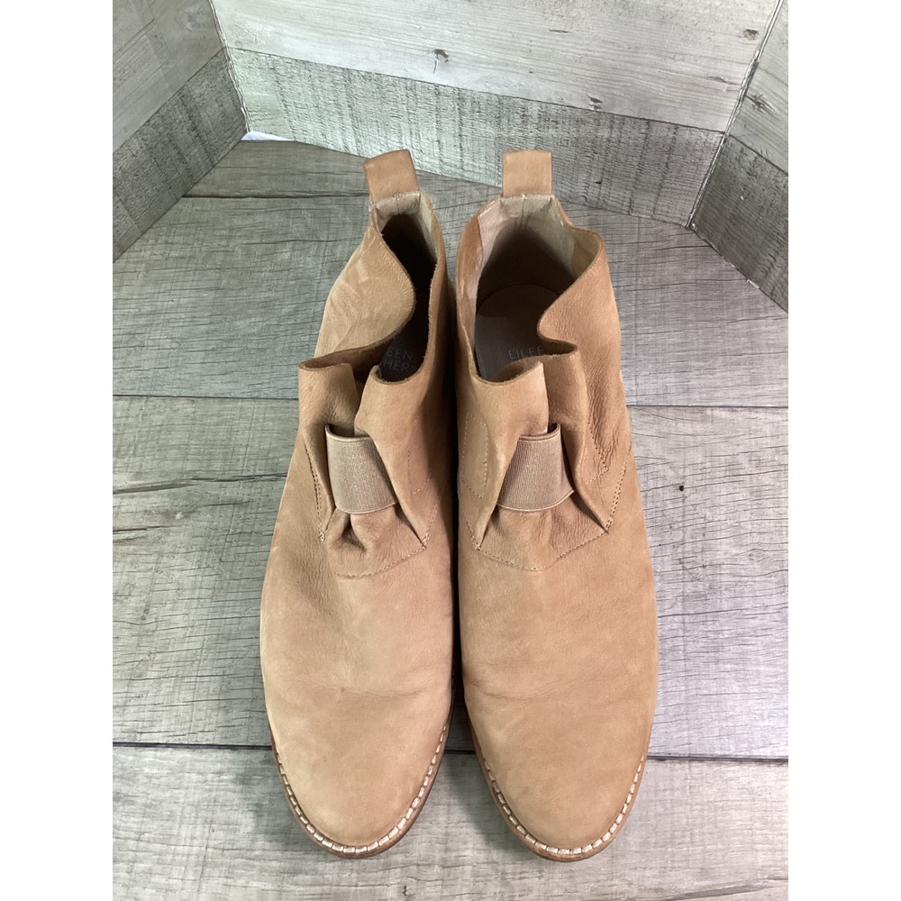 Eileen Fisher Tan Leather Ankle Boots Elastic Gore Slip On Block‎ Heel 9.5 - Picture 4 of 8